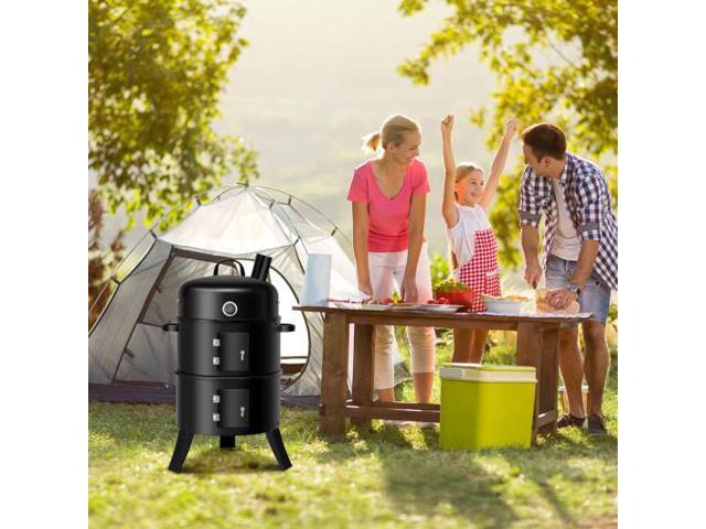 3-in-1 Portable Round Charcoal Smoker BBQ Grill Built-in Thermometer