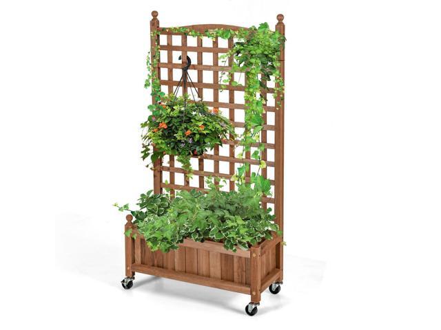 50 Inch Wood Planter Box with Trellis Mobile Raised Bed for Climbing Plant