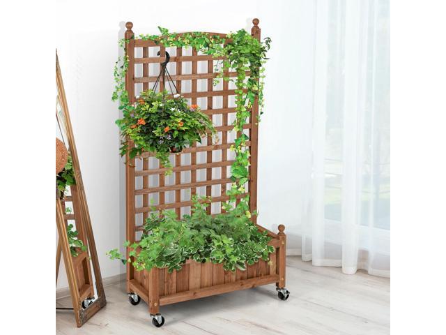 50 Inch Wood Planter Box with Trellis Mobile Raised Bed for Climbing Plant