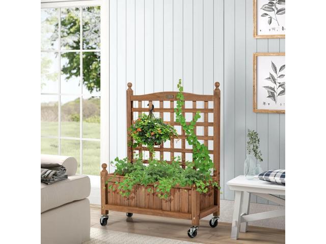 32in Wood Planter Box with Trellis Mobile Raised Bed for Climbing Plant