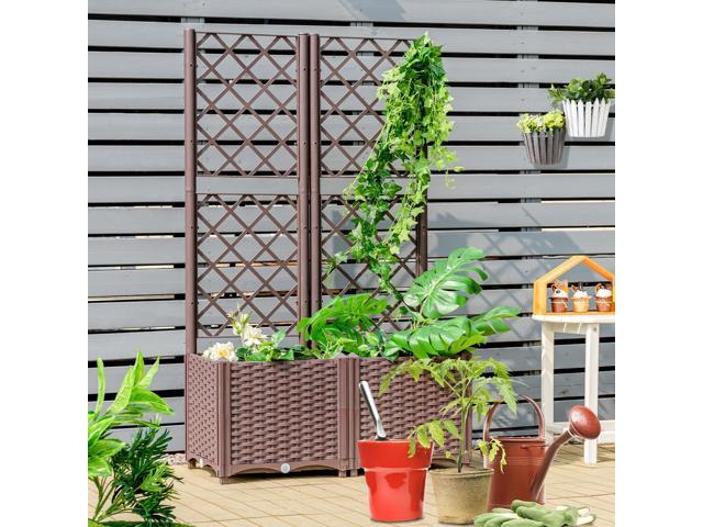 Raised Garden Bed with Trellis Planter Box for Climbing Plants-Brown