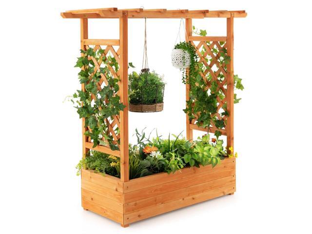 Raised Garden Bed with Trellis or Climbing Plant and Pot Hanging-Natural