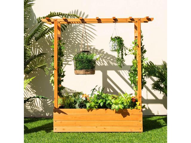 Raised Garden Bed with Trellis or Climbing Plant and Pot Hanging-Natural