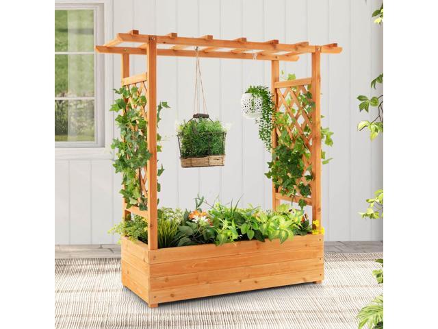 Raised Garden Bed with Trellis or Climbing Plant and Pot Hanging-Natural