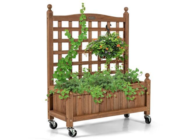 32in Wood Planter Box with Trellis Mobile Raised Bed for Climbing Plant