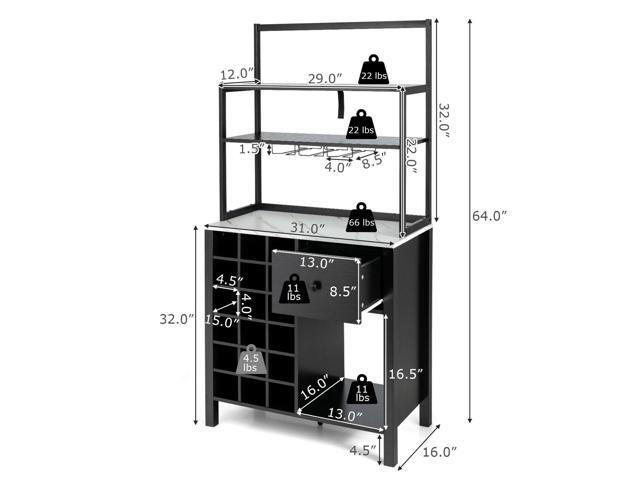 Kitchen Bakers Rack Freestanding Wine Rack Table with Glass Holder and Drawer