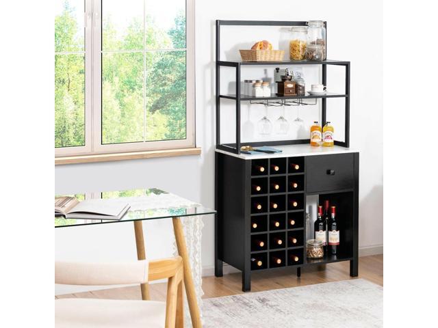 Kitchen Bakers Rack Freestanding Wine Rack Table with Glass Holder and Drawer