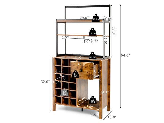 Kitchen Bakers Rack Freestanding Wine Rack Table with Glass Holder and Drawer