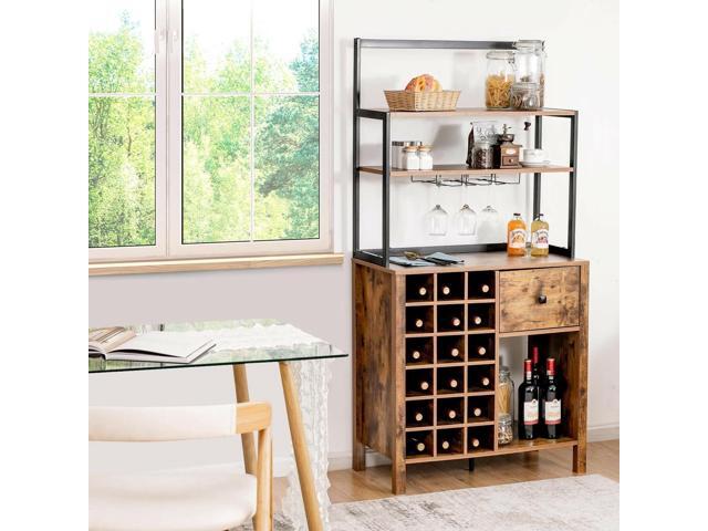 Kitchen Bakers Rack Freestanding Wine Rack Table with Glass Holder and Drawer