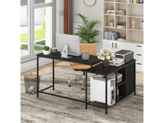 L-shaped Computer Desk with Power Outlet for Working Studying Gaming