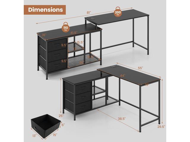L-shaped Computer Desk with Power Outlet for Working Studying Gaming