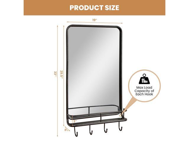 Wall Bathroom Mirror with Shelf Hooks Sturdy Metal Frame for Bedroom Living Room