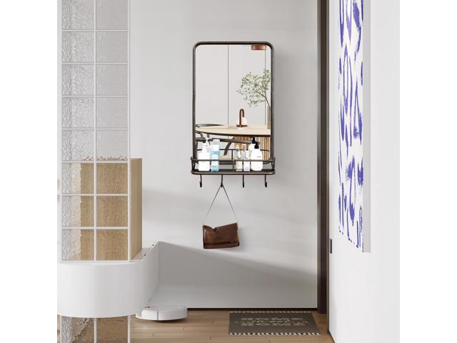 Wall Bathroom Mirror with Shelf Hooks Sturdy Metal Frame for Bedroom Living Room