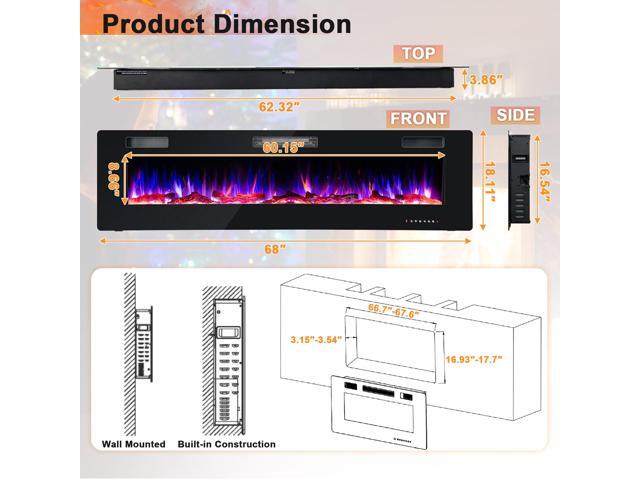 SlickBlue 68 Inch Ultra-Thin Electric Fireplace Recessed Wall Mounted with Crystal Log Decoration