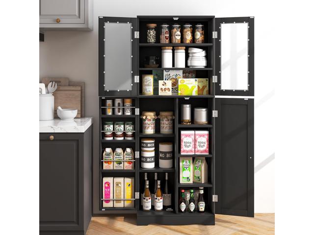 SlickBlue Tall Kitchen Pantry Cabinet with Dual Tempered Glass Doors and Shelves