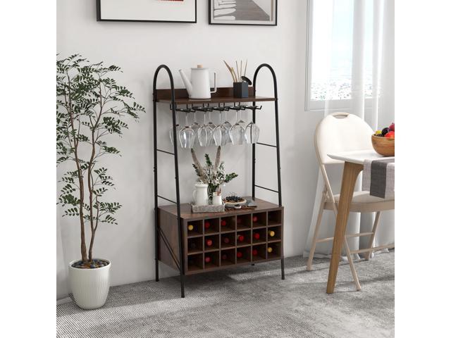 SlickBlue Baker's Rack with Detachable Wine Rack and 5 Rows of Stemware Holder-Rustic Brown