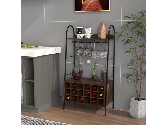 SlickBlue Baker's Rack with Detachable Wine Rack and 5 Rows of Stemware Holder-Rustic Brown