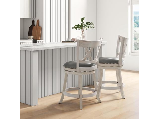 SlickBlue 25.5 Inch Hand-Antiqued Stool Set of 2 with Wider Padded Seat-White