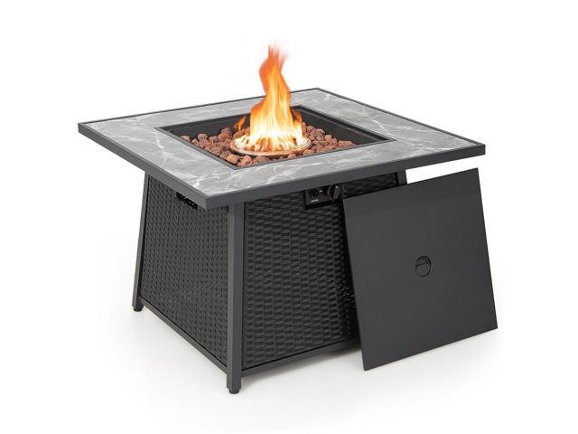 SlickBlue 35 Inch Propane Gas Fire Pit Table Wicker Rattan with Lava Rocks PVC Cover-Black