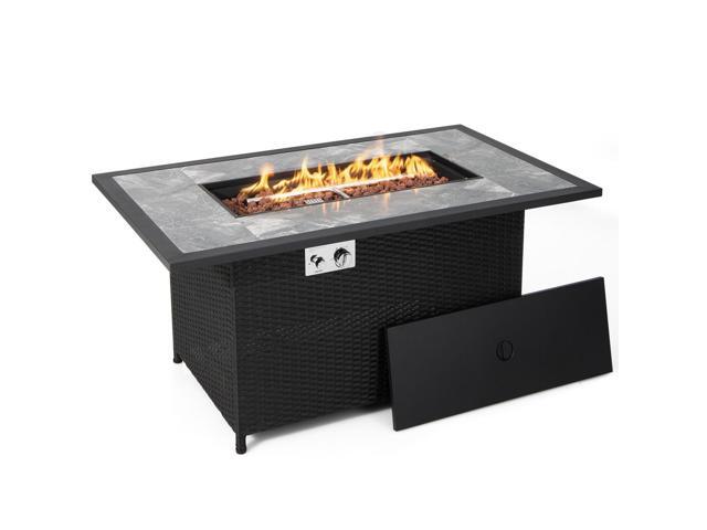 SlickBlue 52 Inch Rattan Wicker Propane Fire Pit Table with Rain Cover and Lava Rock-Black