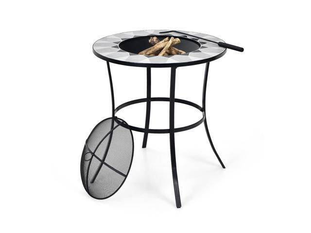 SlickBlue 23.5 Inches Round Fire Pit Table with Mesh Cover and Fire Poker