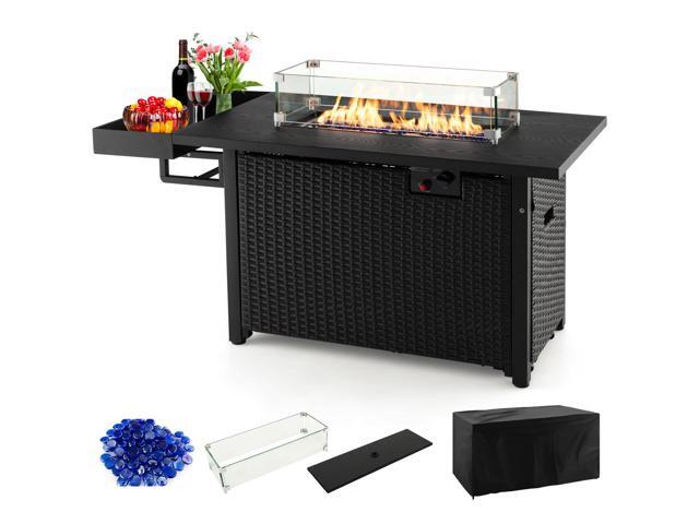 SlickBlue 52 Inches Outdoor Wicker Gas Fire Pit Propane Fire Table with Cover-Black