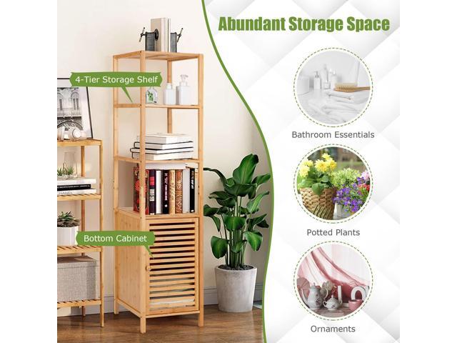 SlickBlue 4 Tiers Slim Bamboo Floor Storage Cabinet with Shutter Door and Anti-Toppling Device-Natural