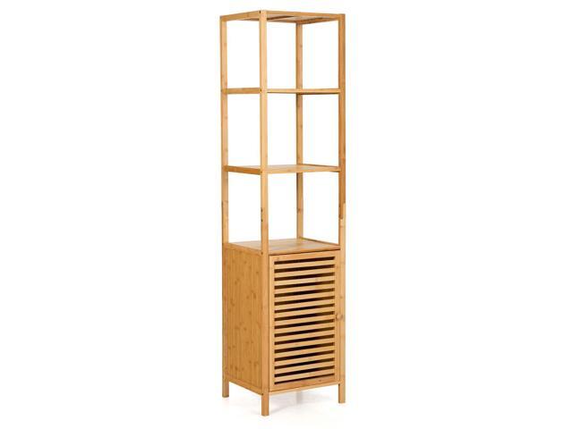 SlickBlue 4 Tiers Slim Bamboo Floor Storage Cabinet with Shutter Door and Anti-Toppling Device-Natural