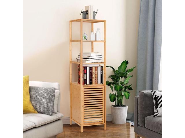 SlickBlue 4 Tiers Slim Bamboo Floor Storage Cabinet with Shutter Door and Anti-Toppling Device-Natural