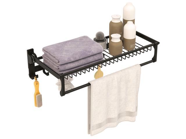 SlickBlue Wall Mounted Towel Shelf with Adjustable Towel Bar and Movable Hooks No Assembly Required
