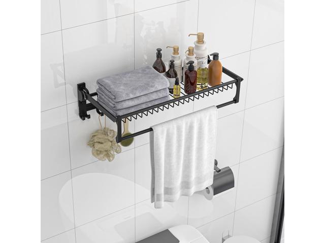 SlickBlue Wall Mounted Towel Shelf with Adjustable Towel Bar and Movable Hooks No Assembly Required