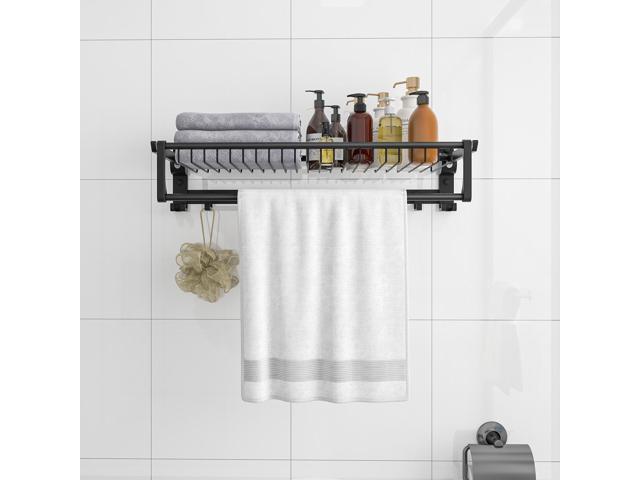 SlickBlue Wall Mounted Towel Shelf with Adjustable Towel Bar and Movable Hooks No Assembly Required