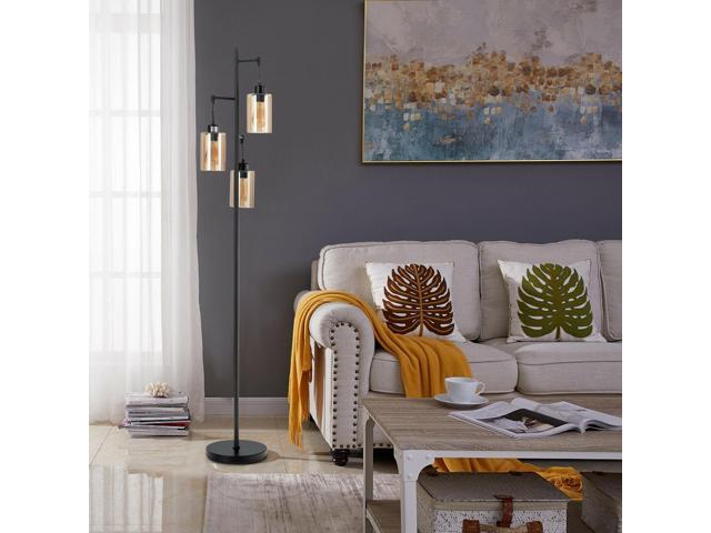 SlickBlue Retro Floor Lamp with 3-Head Hanging Amber Glass Shade