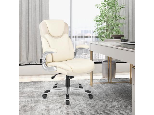 SlickBlue Ergonomic Office PU Leather Executive Chair with Flip-up Armrests and Rocking Function-White