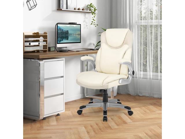 SlickBlue Ergonomic Office PU Leather Executive Chair with Flip-up Armrests and Rocking Function-White