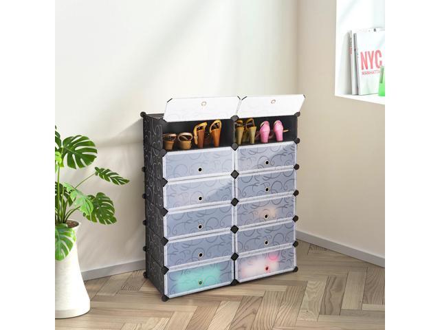 SlickBlue 12-Cube DIY Portable Plastic Shoe Rack with Transparent Doors