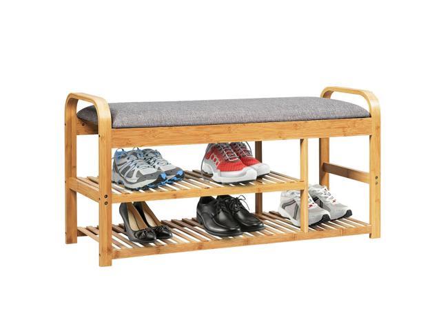 SlickBlue 3-Tier Bamboo Shoe Rack Bench with Cushion-Natural