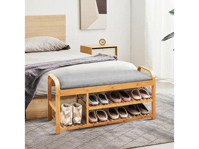 SlickBlue 3-Tier Bamboo Shoe Rack Bench with Cushion-Natural