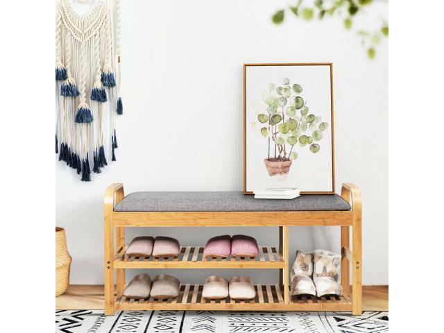 SlickBlue 3-Tier Bamboo Shoe Rack Bench with Cushion-Natural