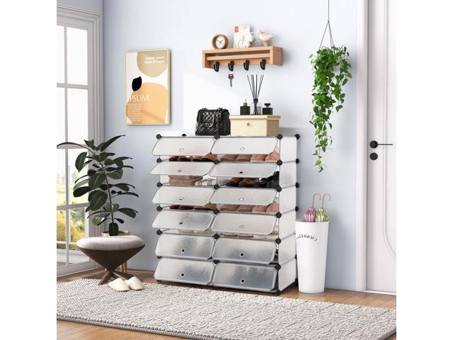 SlickBlue 12-Cube DIY Portable Plastic Shoe Rack with Transparent Doors