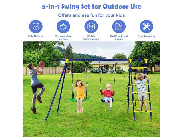 SlickBlue 5-In-1 Outdoor Kids Swing Set with A-Shaped Metal Frame and Ground Stake