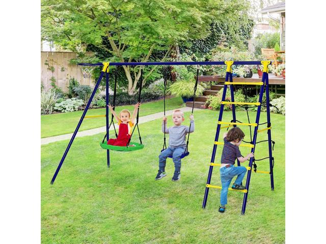 SlickBlue 5-In-1 Outdoor Kids Swing Set with A-Shaped Metal Frame and Ground Stake