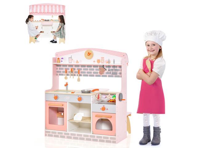 SlickBlue Double-Sided Kids Play Kitchen Set with Canopy and 2 Seats
