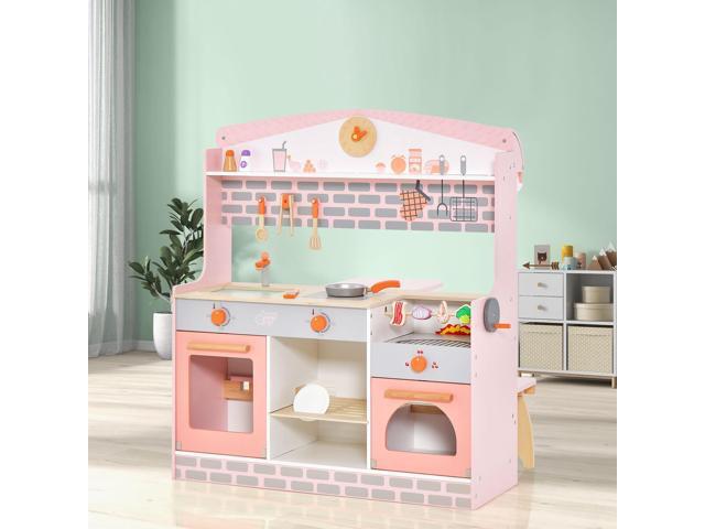 SlickBlue Double-Sided Kids Play Kitchen Set with Canopy and 2 Seats