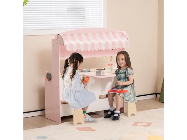 SlickBlue Double-Sided Kids Play Kitchen Set with Canopy and 2 Seats