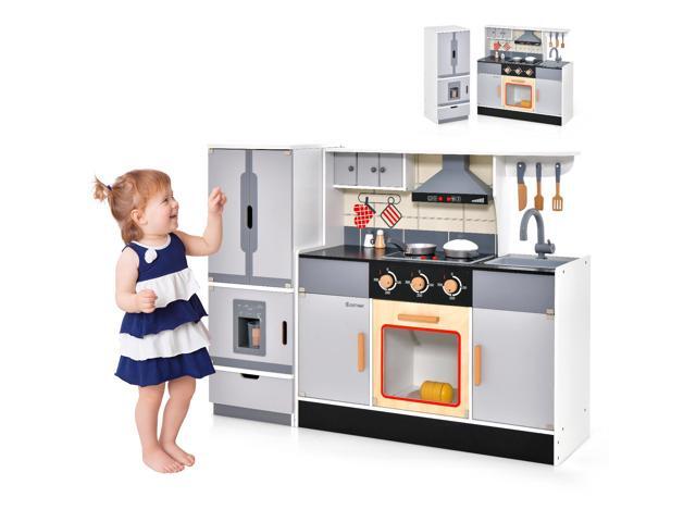 SlickBlue Wooden Chef Play Kitchen and Refrigerator with Realistic Range Hood and Roaster