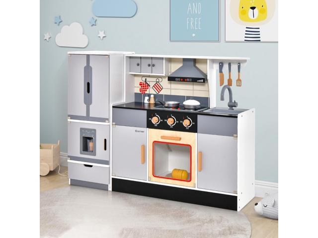 SlickBlue Wooden Chef Play Kitchen and Refrigerator with Realistic Range Hood and Roaster