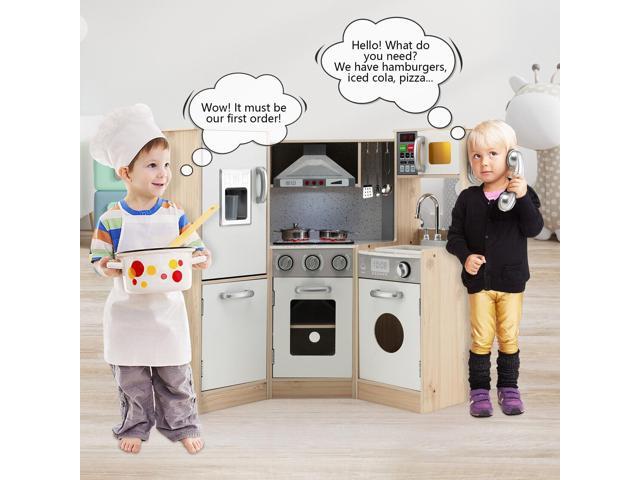 SlickBlue Kids Corner Wooden Kitchen Playset with Cookware Accessories