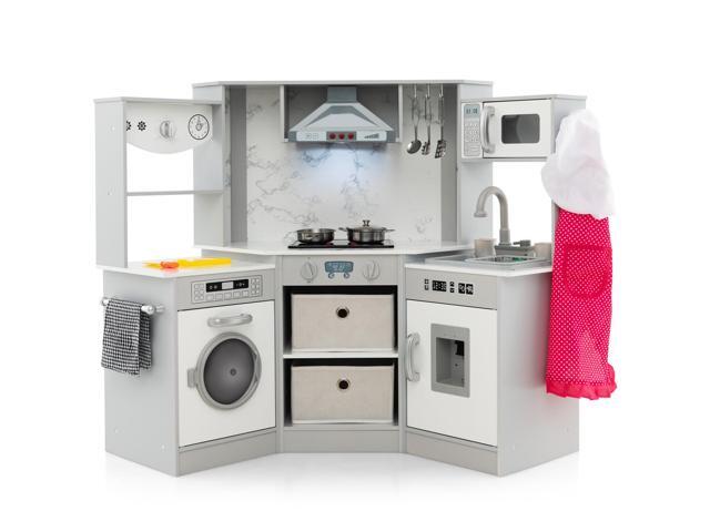 SlickBlue Wooden Kids Play Kitchen Playset with Realistic Lights and Sounds-Gray