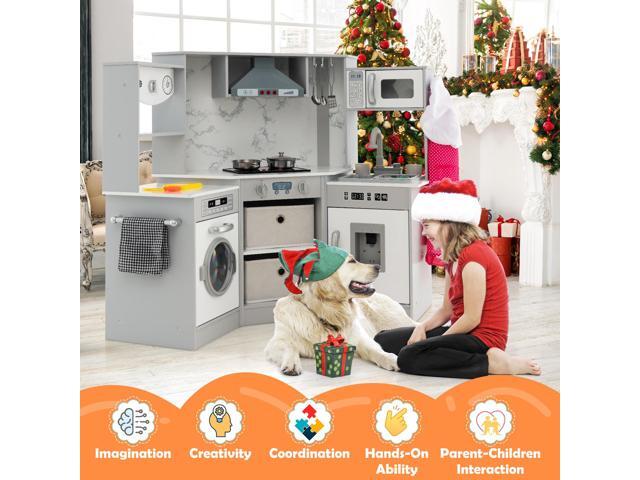 SlickBlue Wooden Kids Play Kitchen Playset with Realistic Lights and Sounds-Gray